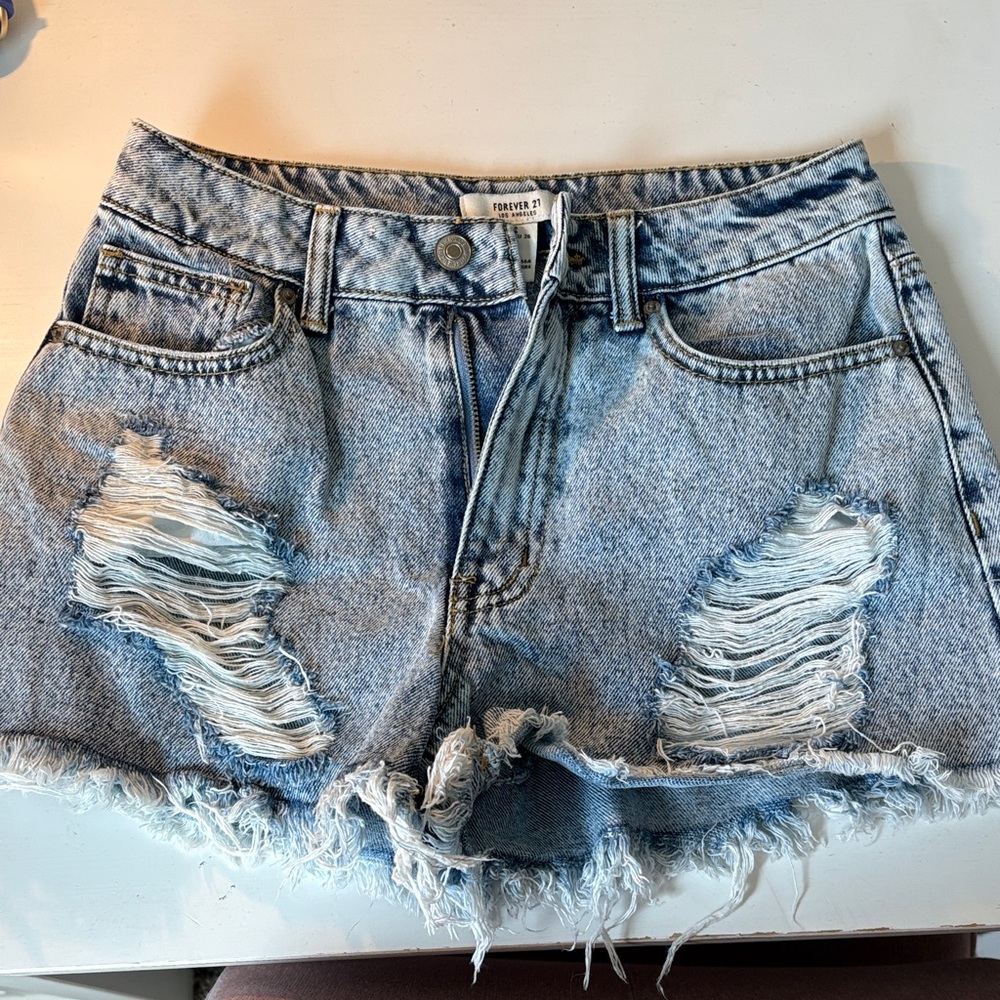 Forever 21 Light Blue Ripped Jean Shorts 26